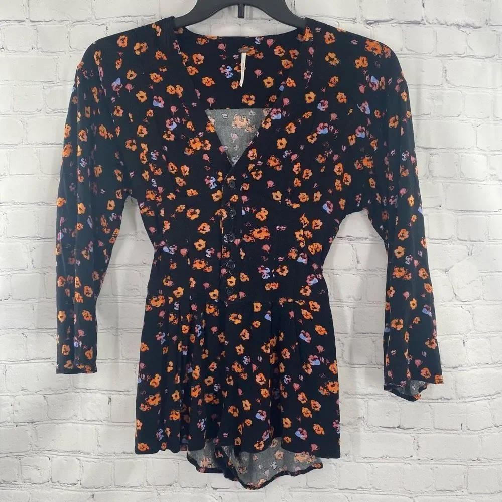 Free People L’Amour Printed Romper Black Long Sleeve Size 0 - Picture 2 of 9